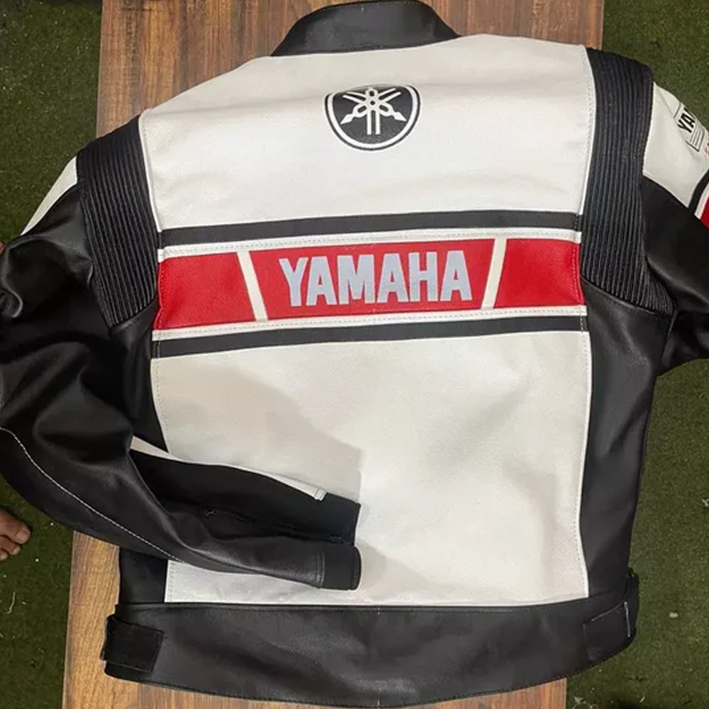 Yamaha Racing cowhide leather biker jacket back view showing racing design