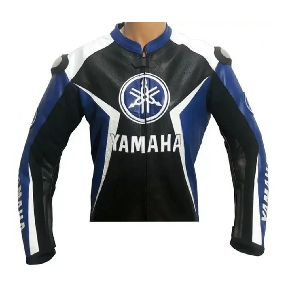 Yamaha Racing Leather Motorcycle Jacket front view showing blue black racing design and Yamaha logo