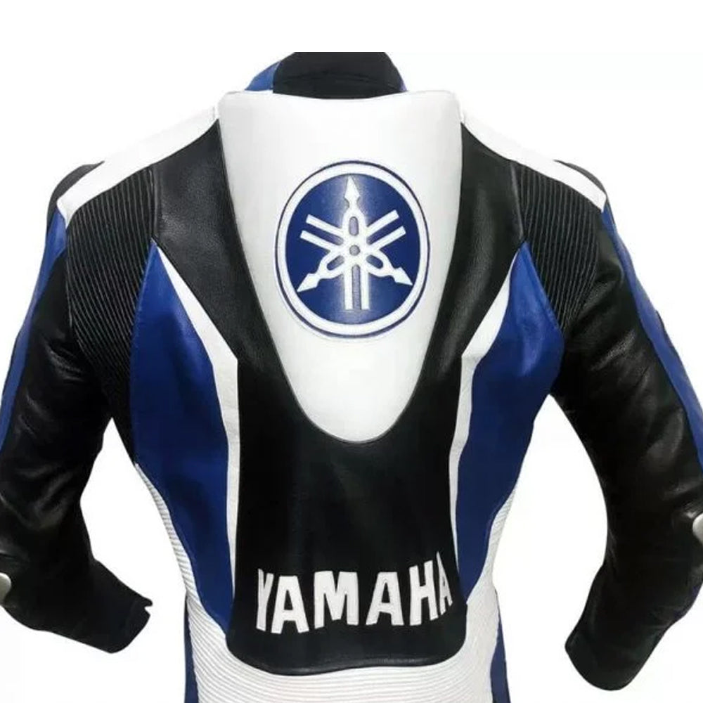Yamaha Racing Leather Motorcycle Jacket back view with bold Yamaha branding and sporty biker fit