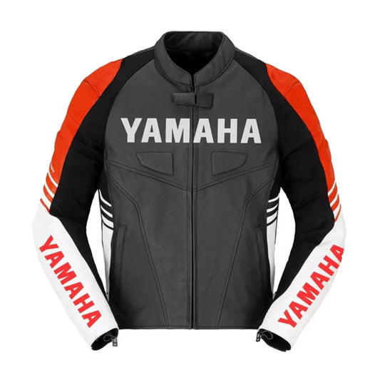 Yamaha motorcycle armored riding jacket front view showing racing design and protective padding