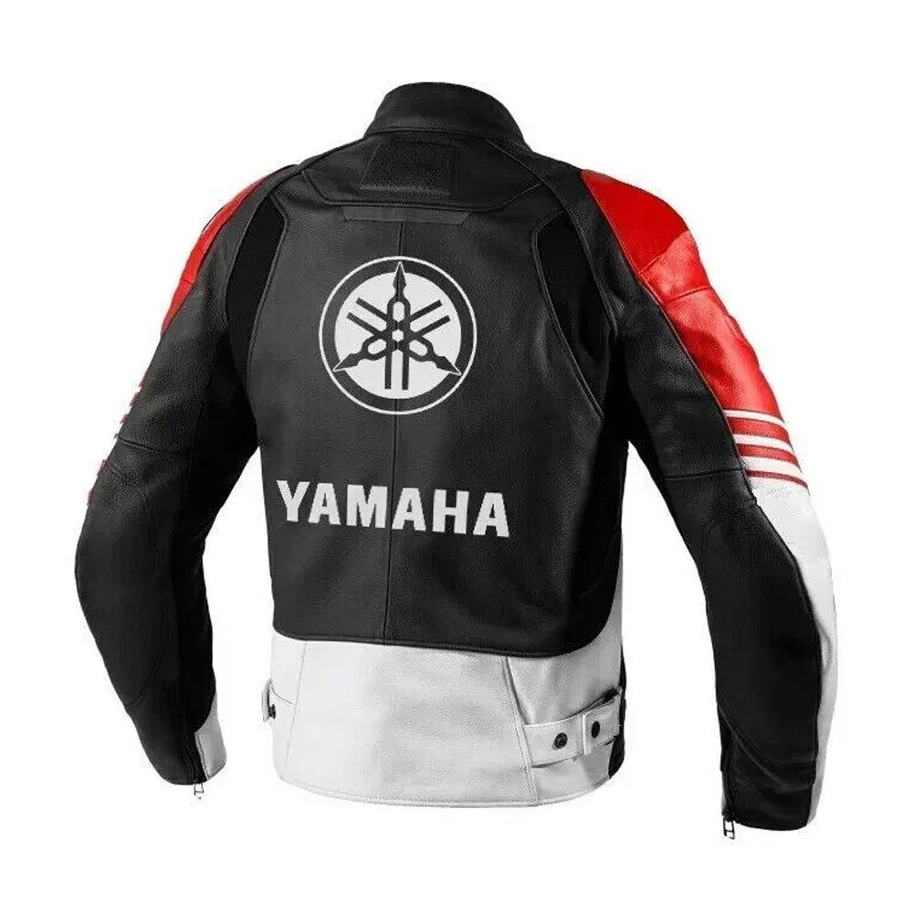 Yamaha armored motorcycle riding jacket back view with reinforced protection and sporty branding