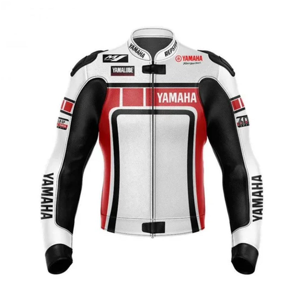 Yamaha racing motorcycle genuine cowhide leather jacket front view with bold biker styling