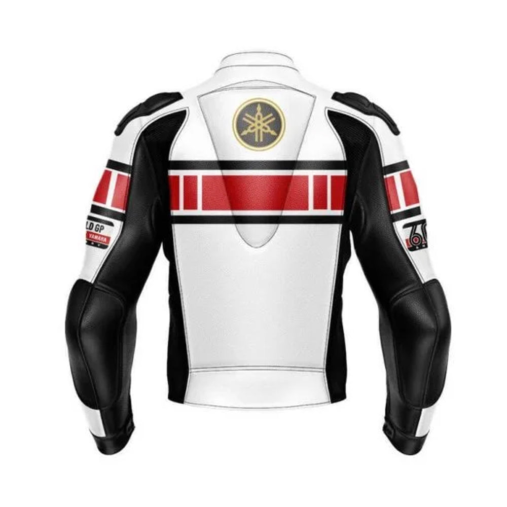 Yamaha racing motorcycle genuine cowhide leather jacket back view showing racing graphics