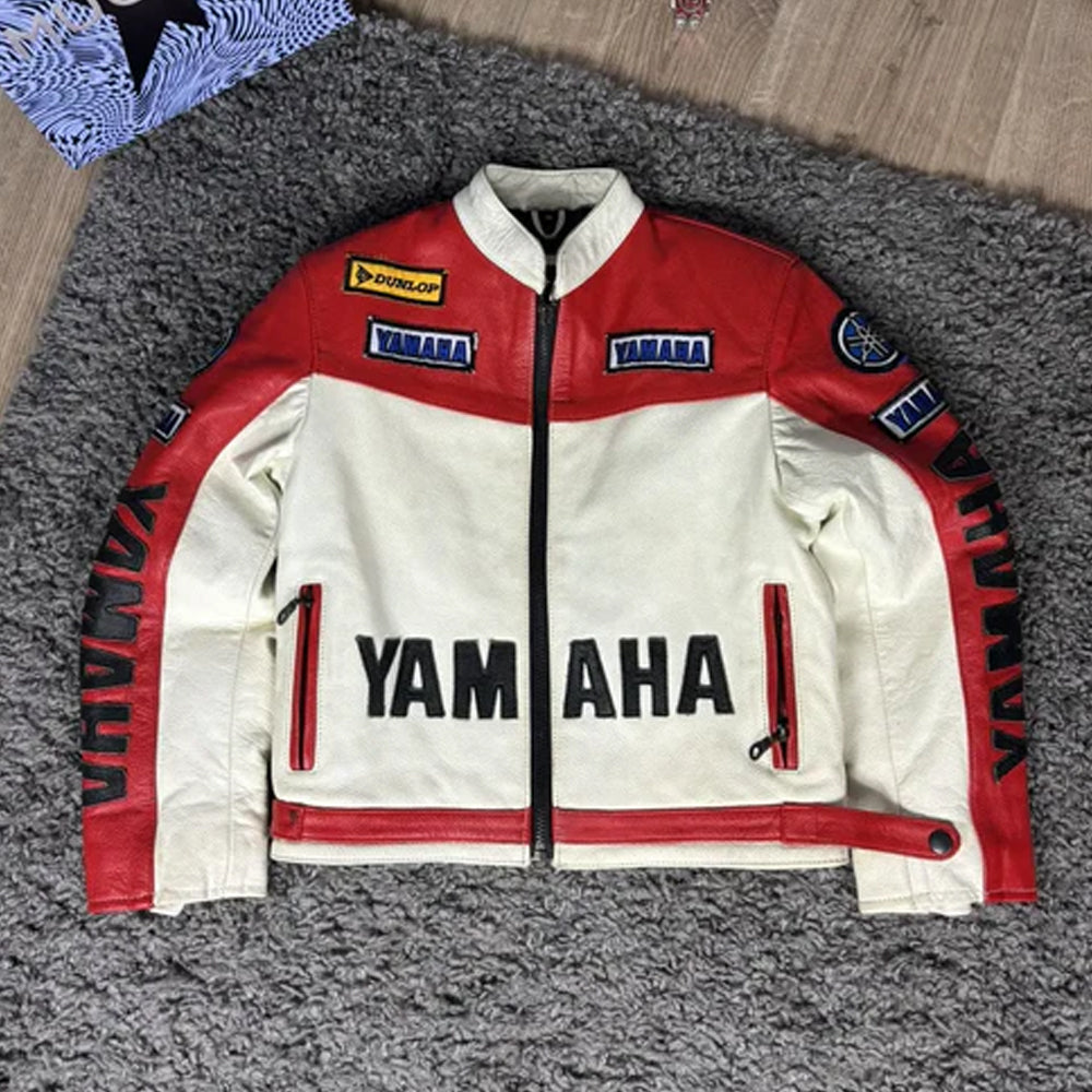 Yamaha R6 racing leather motorcycle jacket front view in red and white