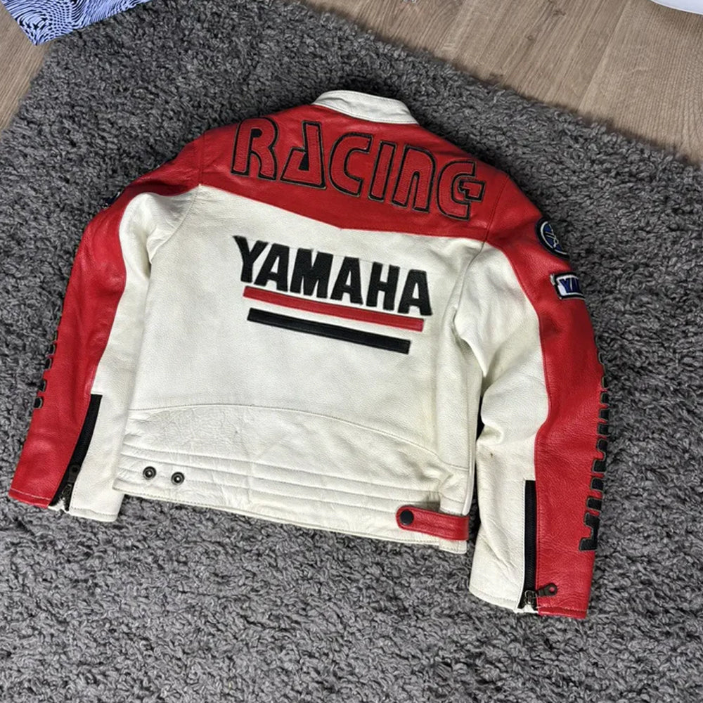 Yamaha R6 racing leather jacket back view with bold Yamaha branding