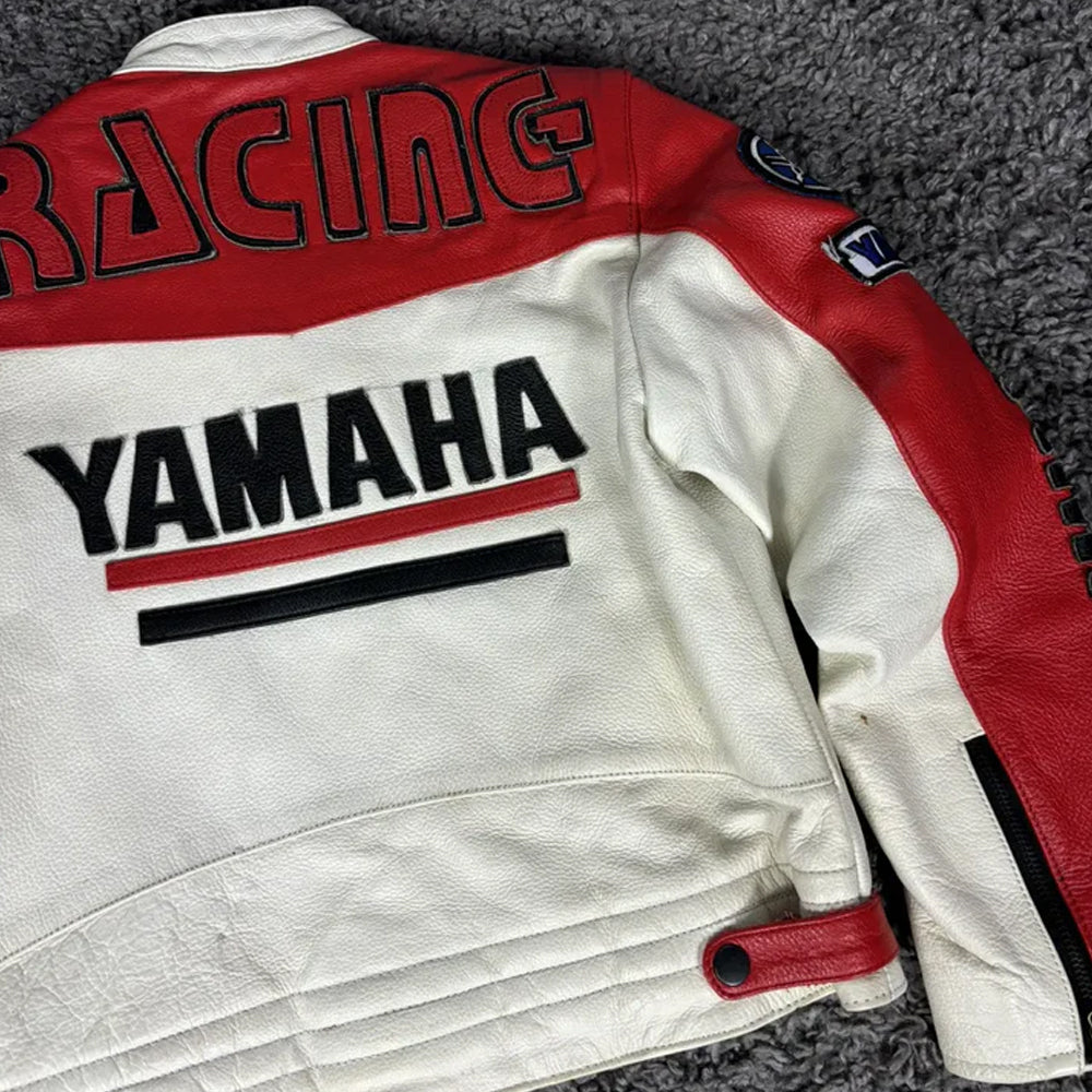 Close-up of Yamaha R6 racing leather jacket back stitching and logo