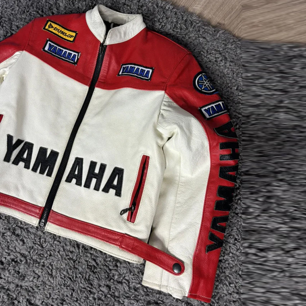 Close-up front view of Yamaha R6 racing leather motorcycle jacket details