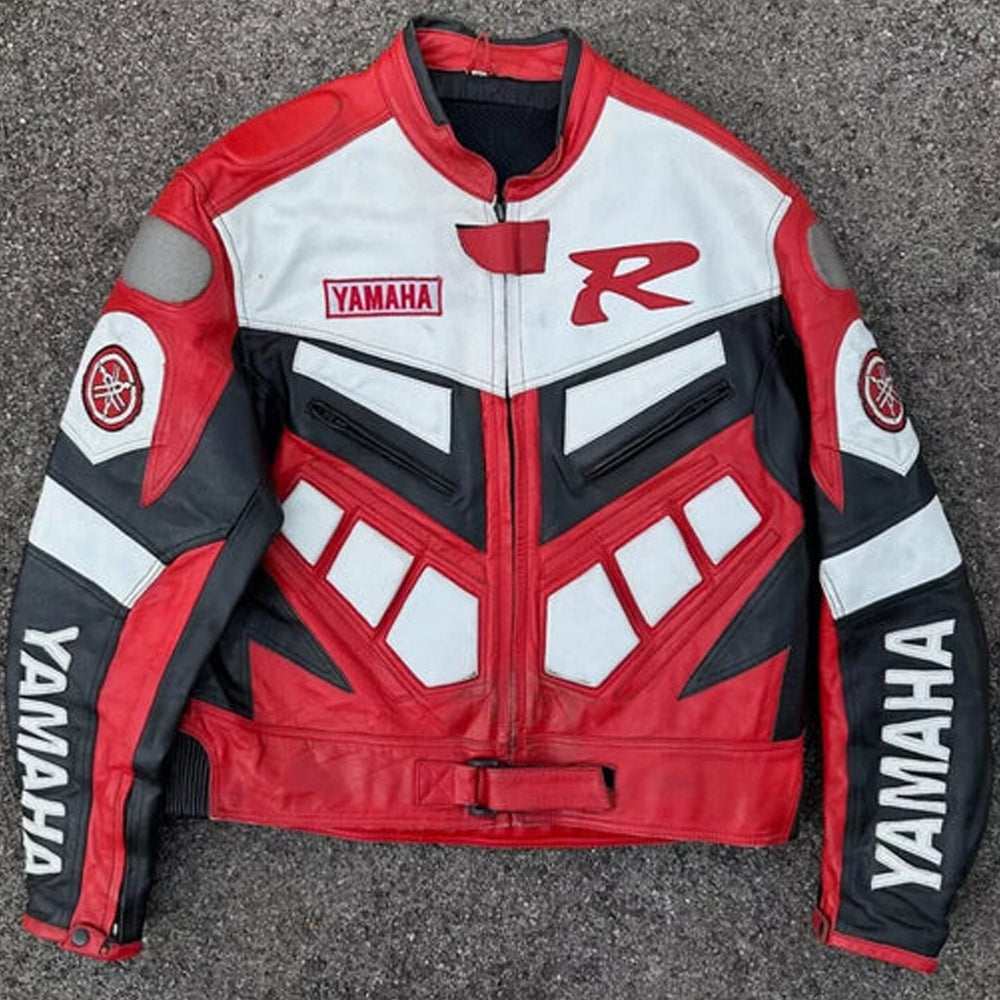 Front view of Yamaha Racing Red cowhide leather motorcycle riding jacket for men