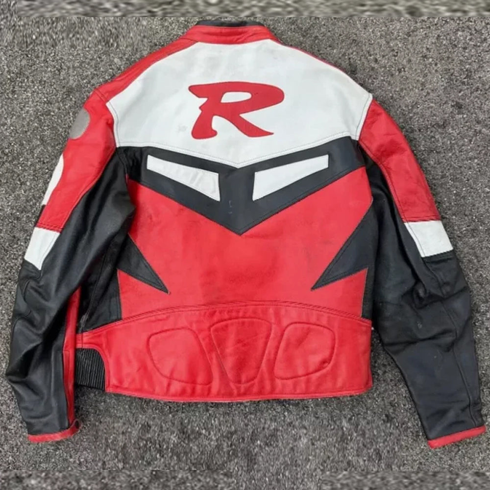 Back view of Yamaha Racing Red motorcycle riding cowhide leather jacket showing racing design