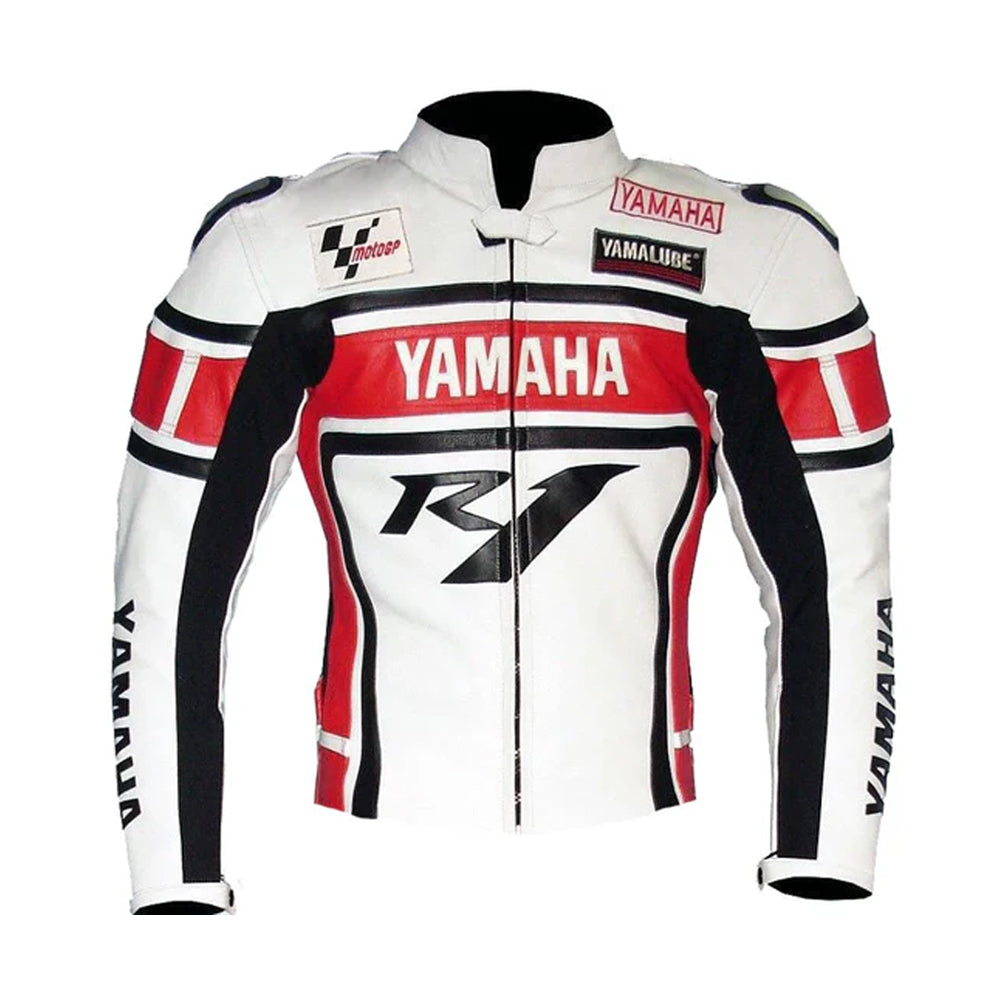 Front view of Yamaha Racing white cowhide leather motorcycle jacket with bold racing graphics