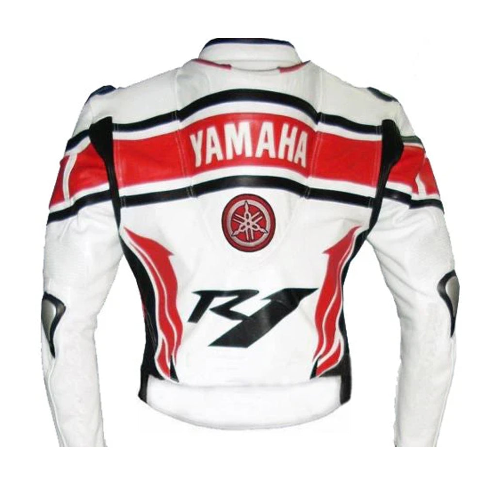 Back view of Yamaha Racing white cowhide leather biker jacket showing racing design details