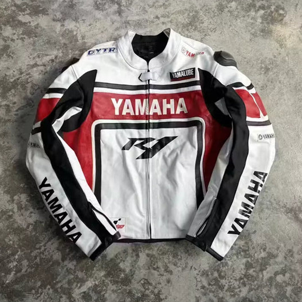 Yamaha Racing white cowhide leather motorcycle jacket front view displayed on floor