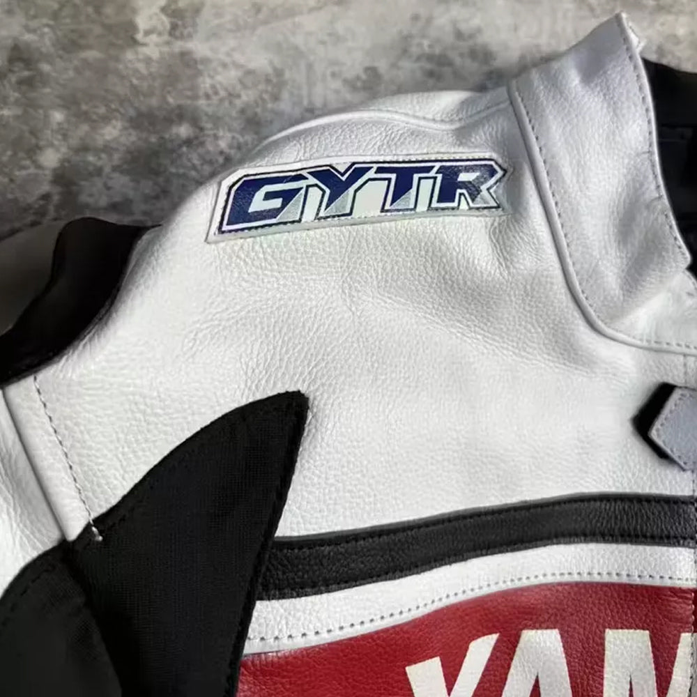 Side shoulder view of Yamaha Racing white cowhide leather jacket with ergonomic biker fit