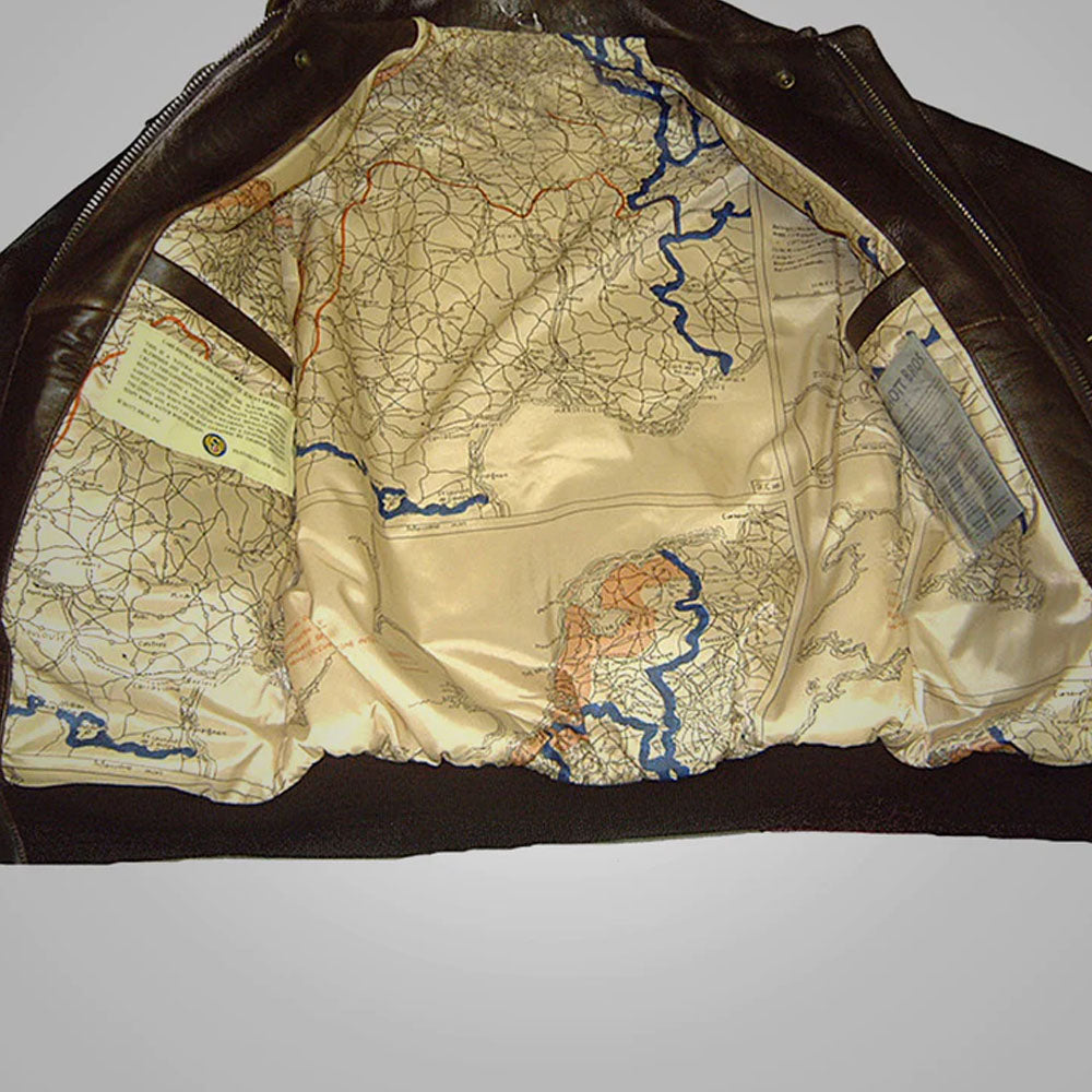 Interior view of A-2 flight jacket showcasing detailed vintage aviator escape navigation map print lining.