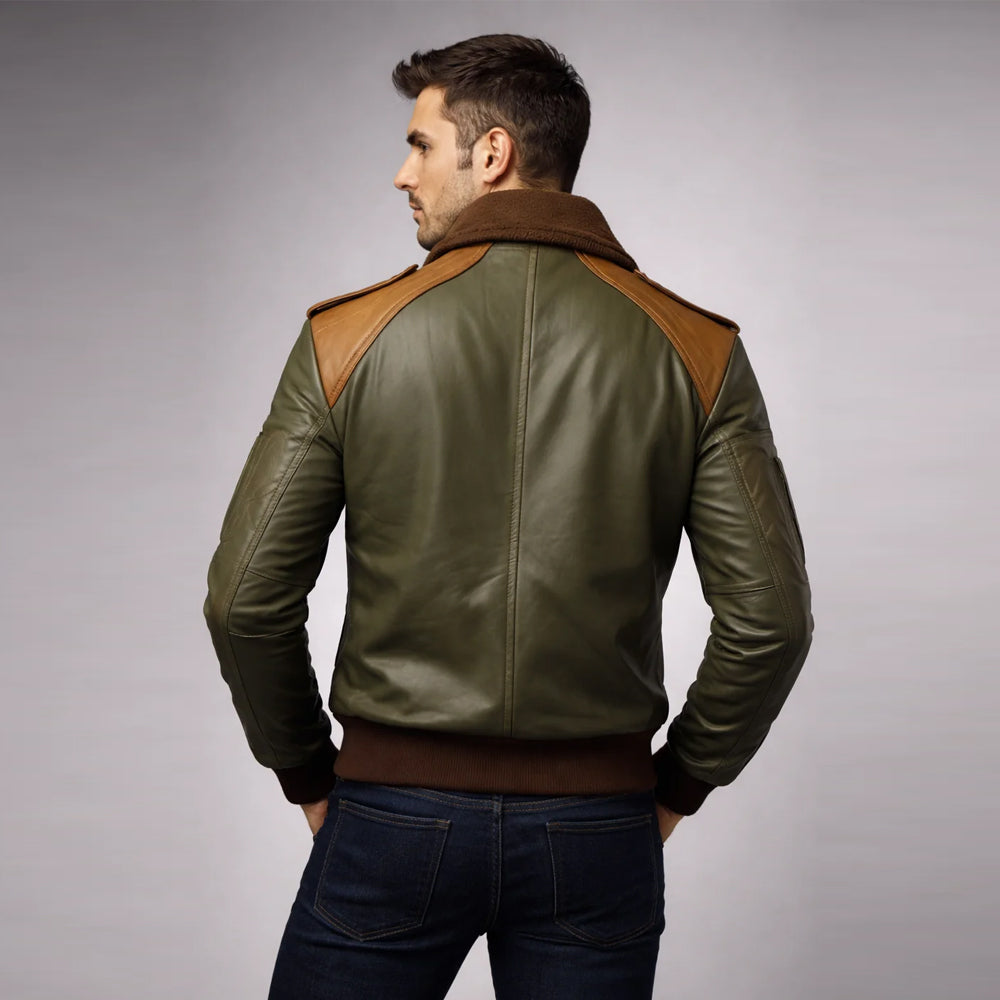 Back view of men's A-2 sheepskin leather bomber jacket with wool collar and tan shoulder panels