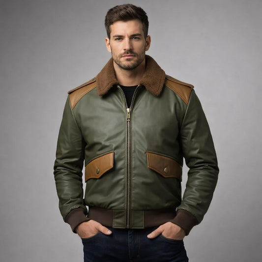 Front view of men's olive sheepskin leather aviator jacket with wool collar and zip closure