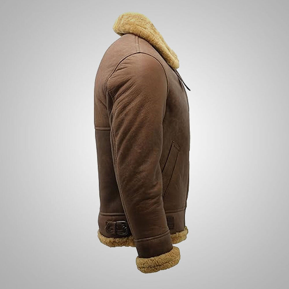 Side profile view of antique brown B3 shearling jacket showing side waist strap and sleeve seam construction