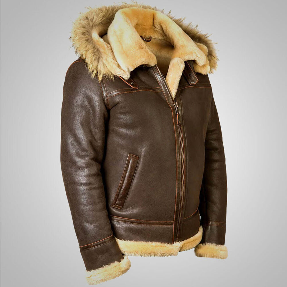 Angled front view of antiqued saddle brown hooded B3 shearling coat showing golden beige fur lining