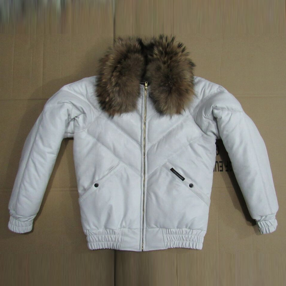 Authentic Double Goose white leather V-Bomber jacket featuring a premium detachable fox fur collar.