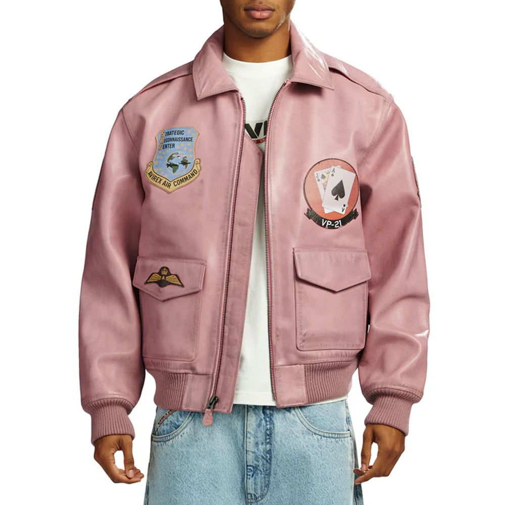Model wearing pink Avirex leather jacket with open front zipper