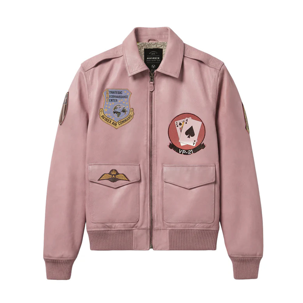 Front view of Avirex Men's vintage flight A2 pink leather jacket