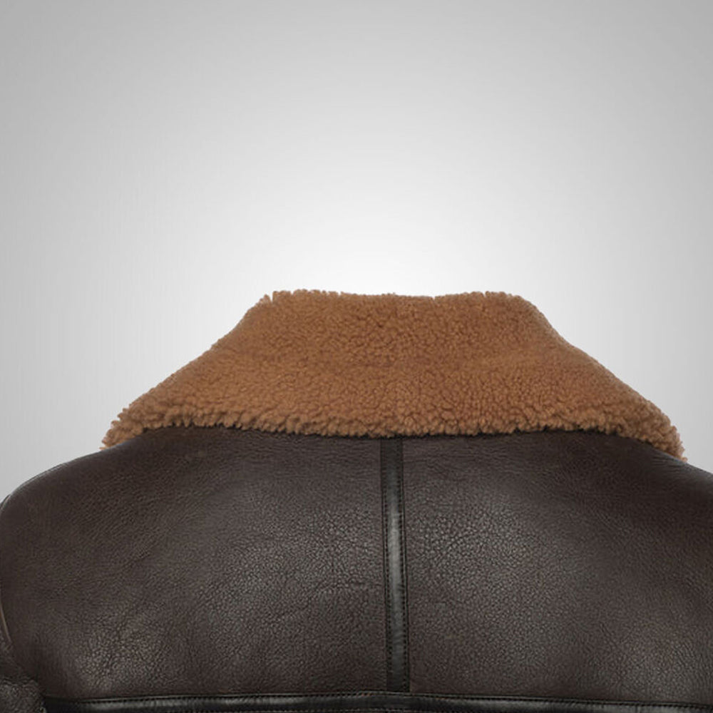 Close up back view of B3 aviator leather jacket showing tan shearling collar rear and horizontal yoke seam