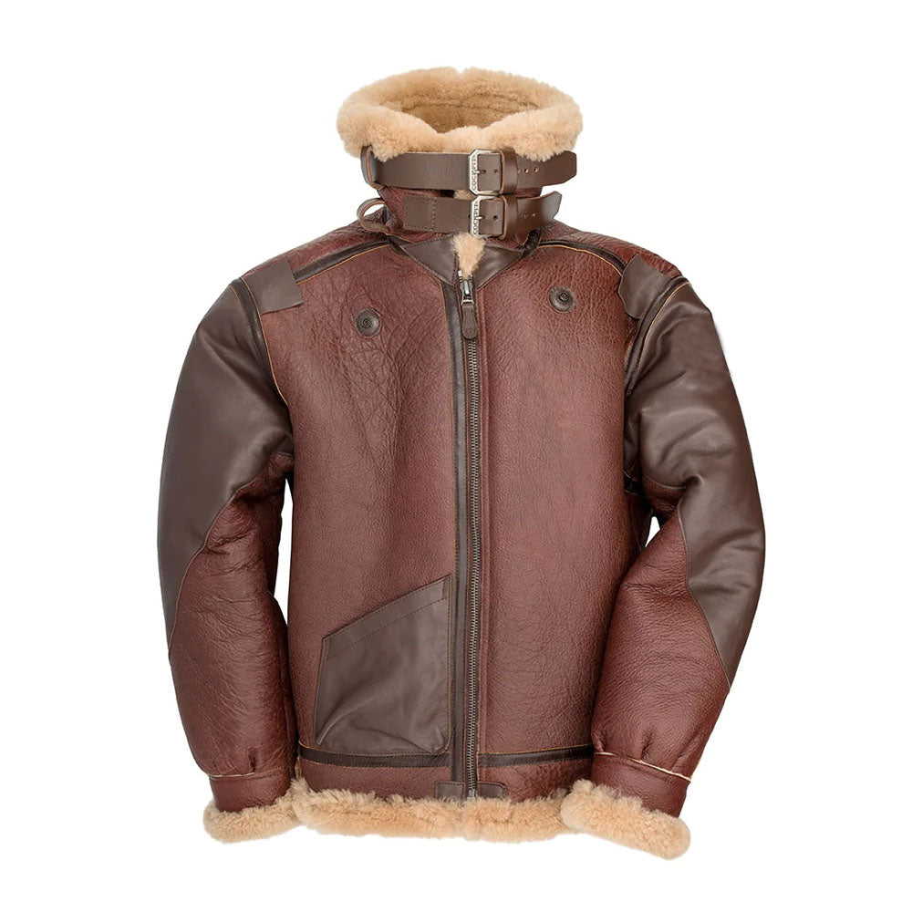 Front view of fully zipped brown B-3 bomber jacket featuring dual throat latch buckles on stand collar and front cowhide map pocket