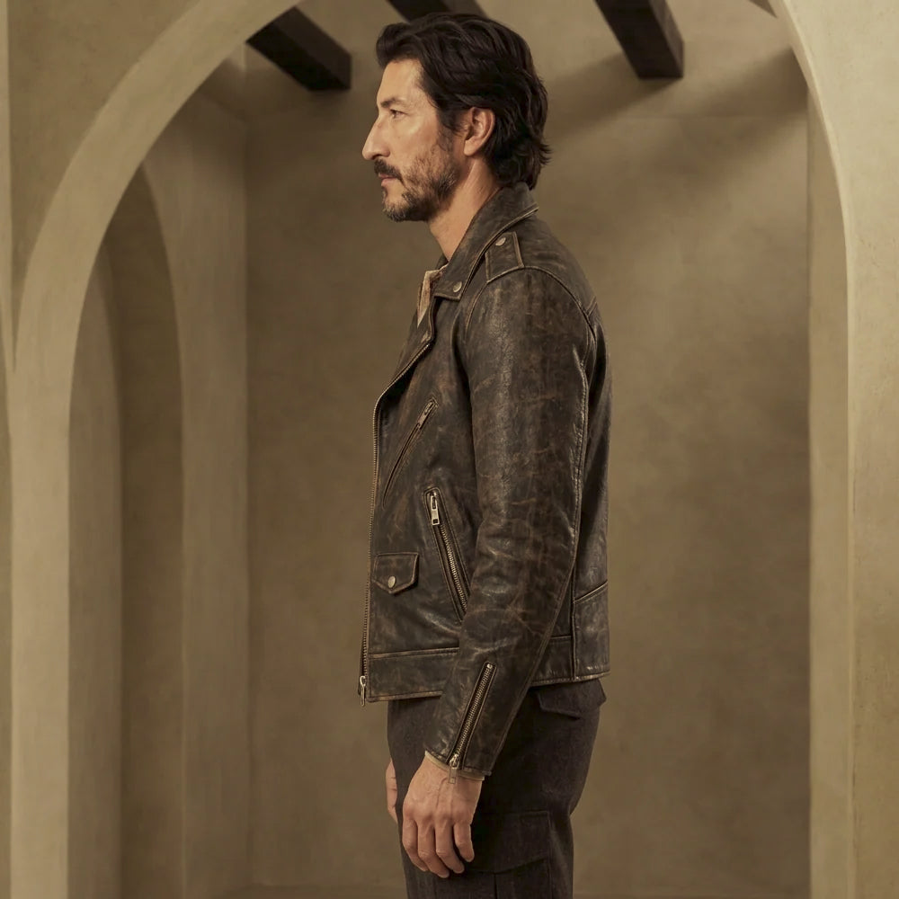 Side profile of beltless vintage moto jacket displaying waist-length fit, zip cuff and softly creased cowhide sleeve