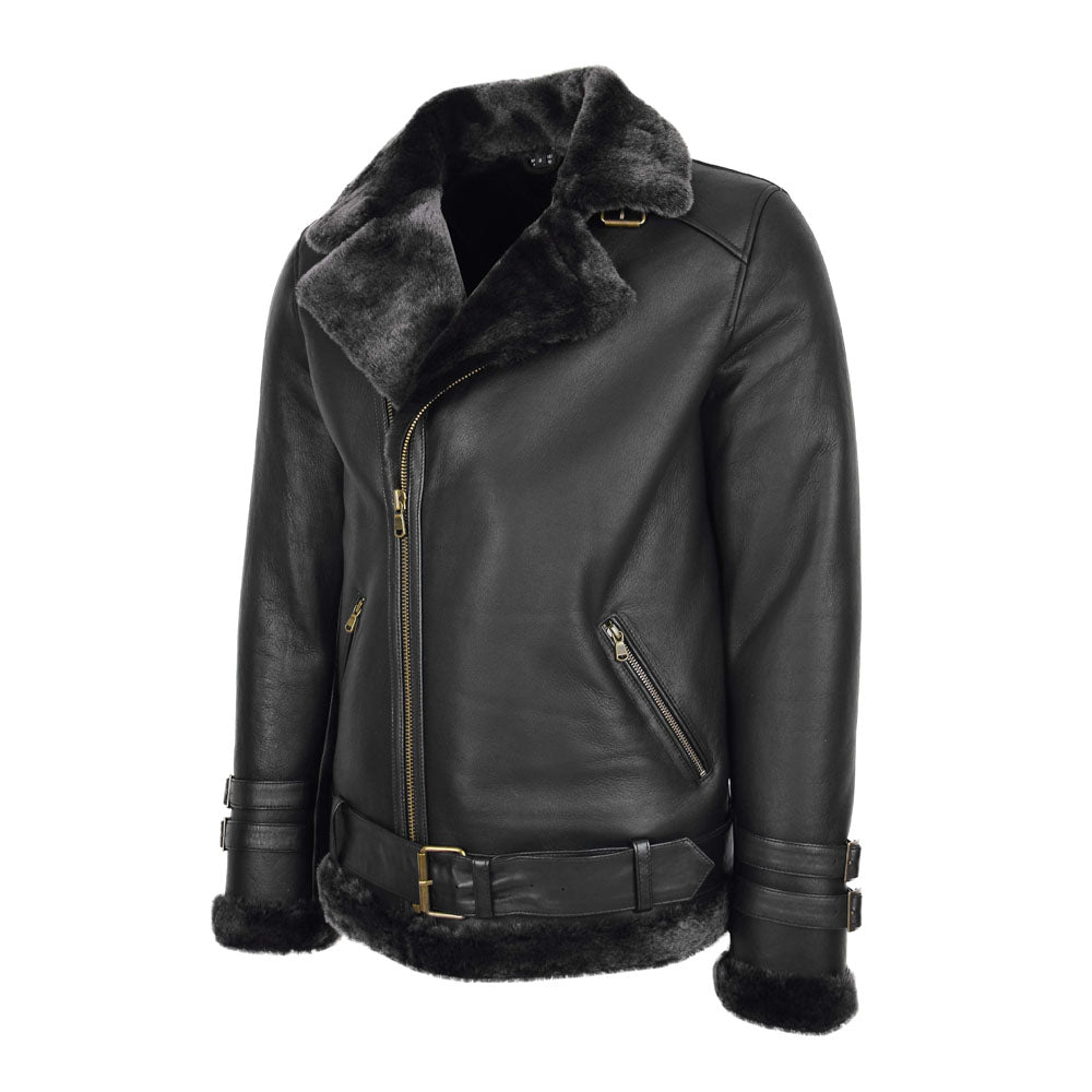 Angled front view of black asymmetric shearling biker jacket with open charcoal fur collar and brass zip pockets