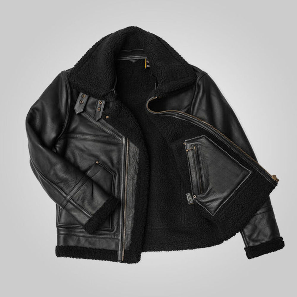 Flat view of open black B3 flight coat revealing full black shearling lining and internal zippered welt pocket