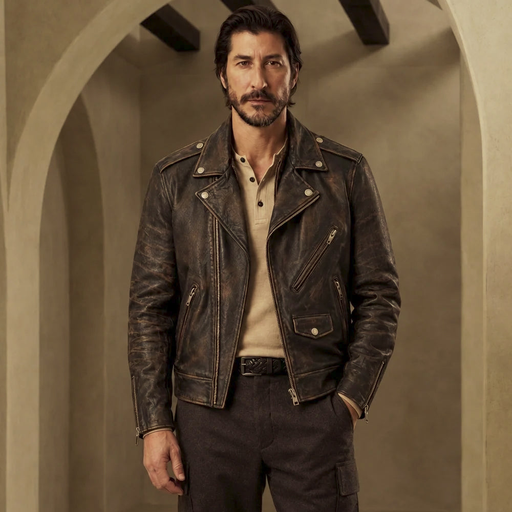 Front model view of black-brown cross-zip leather jacket with diagonal chest pocket, zip hand pockets and snap coin pocket