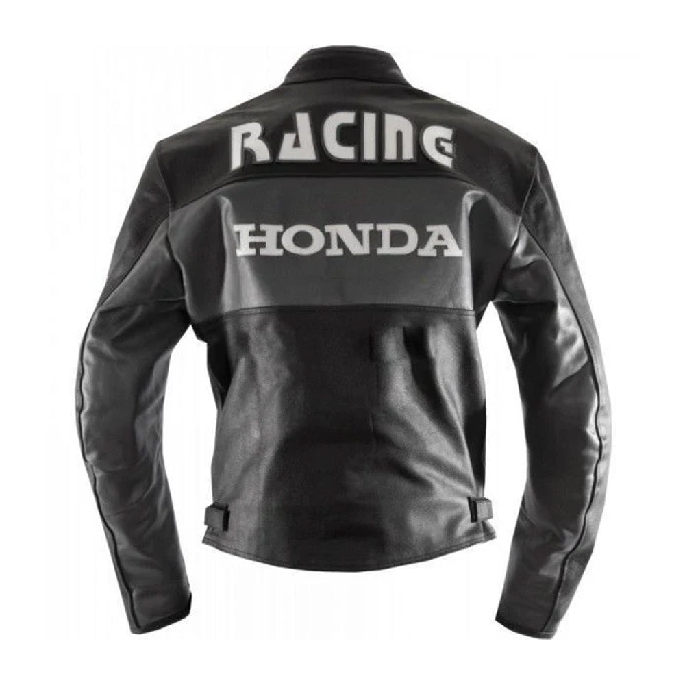 Back View of Black Honda Racing Jacket with White Bold Racing Text