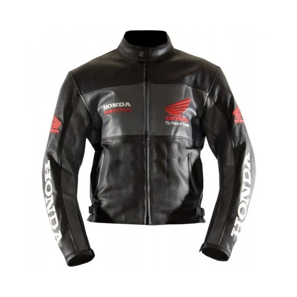Front View of Black Honda Racing Leather Jacket with Red Wing Logo