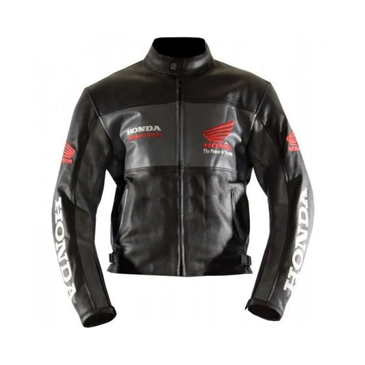 Front View of Black Honda Racing Leather Jacket with Red Wing Logo