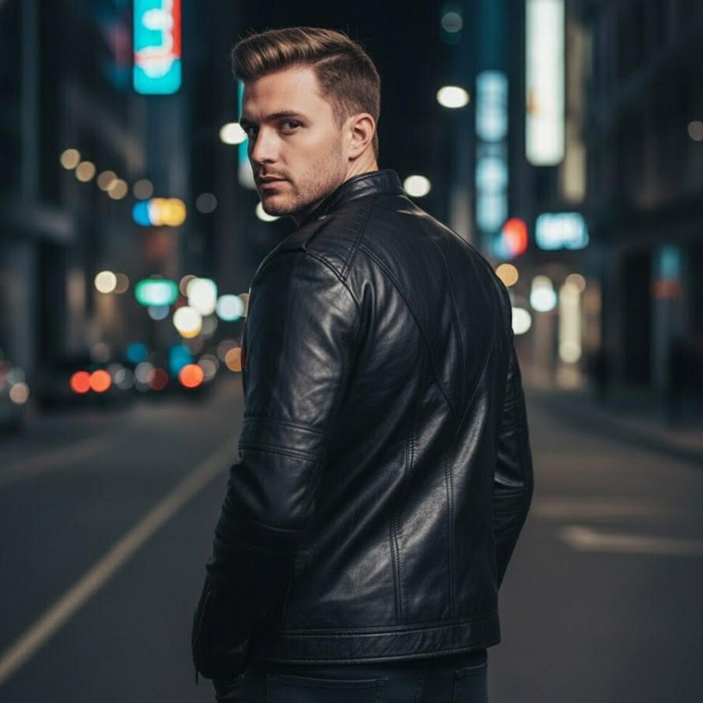 Back styling view of men’s black lambskin costume jacket with clean chevron seam construction