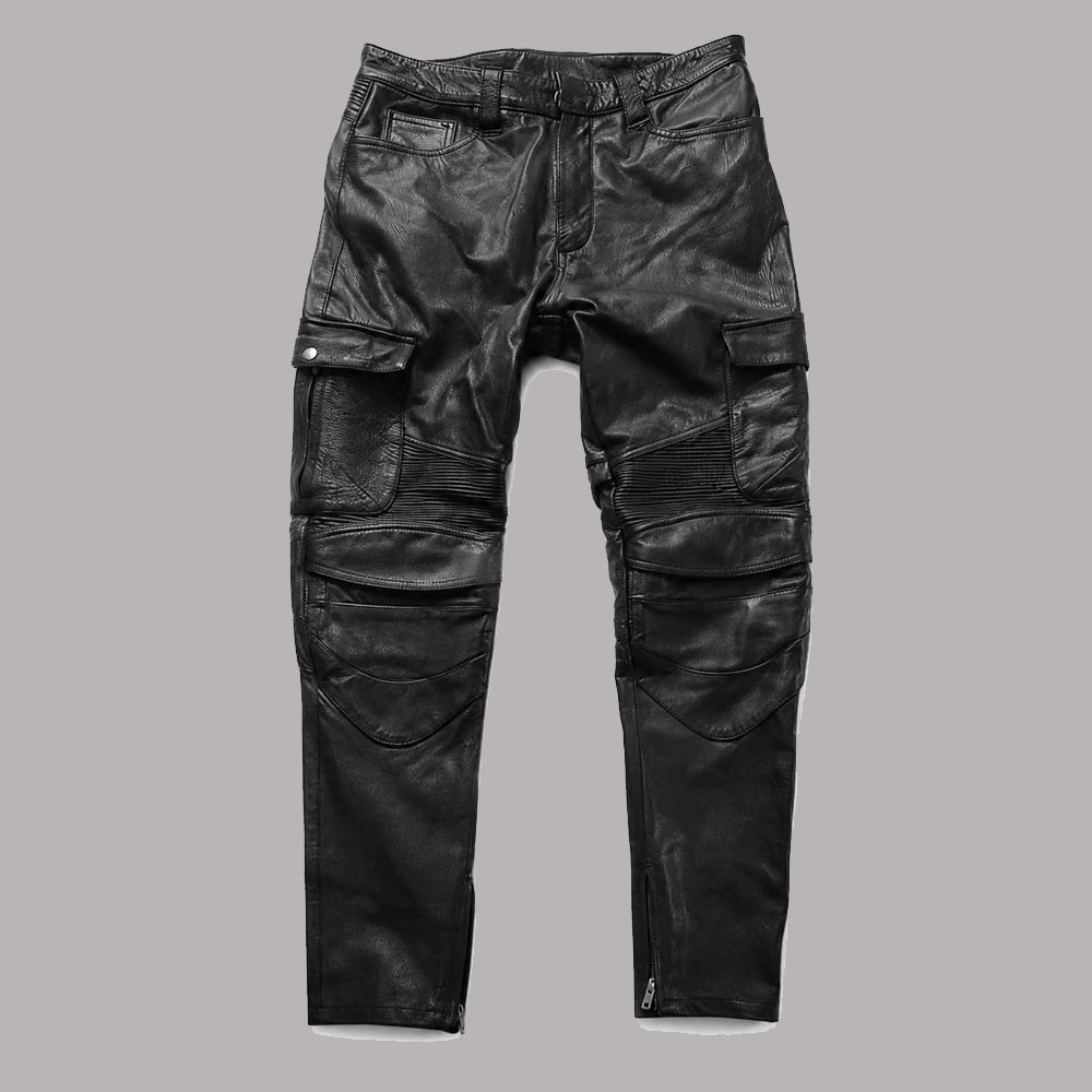 Front view of men's black lambskin leather cargo pants featuring multi-pocket utility design.