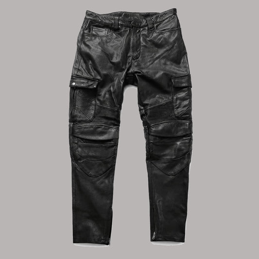 Front view of men's black lambskin leather cargo pants featuring multi-pocket utility design.