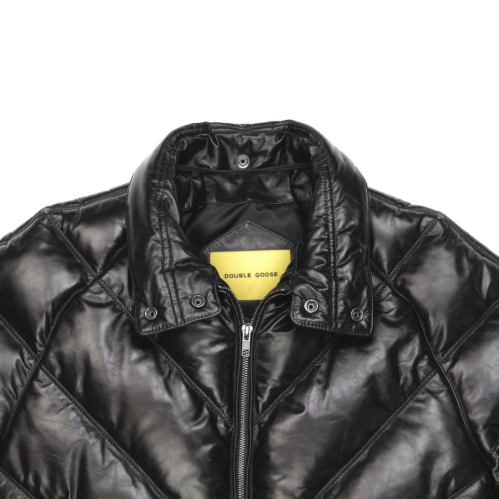 Front view of black leather V-bomber with shearling removed, showing stand collar with press studs and front zip.