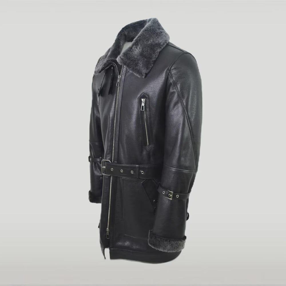 Side view of black leather aviator coat with shearling collar