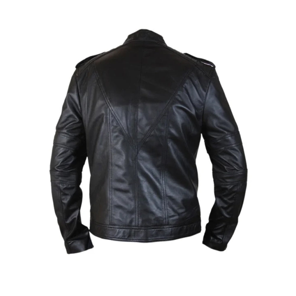 Rear view of black leather cosplay jacket showing V-shaped panel seams and straight hem