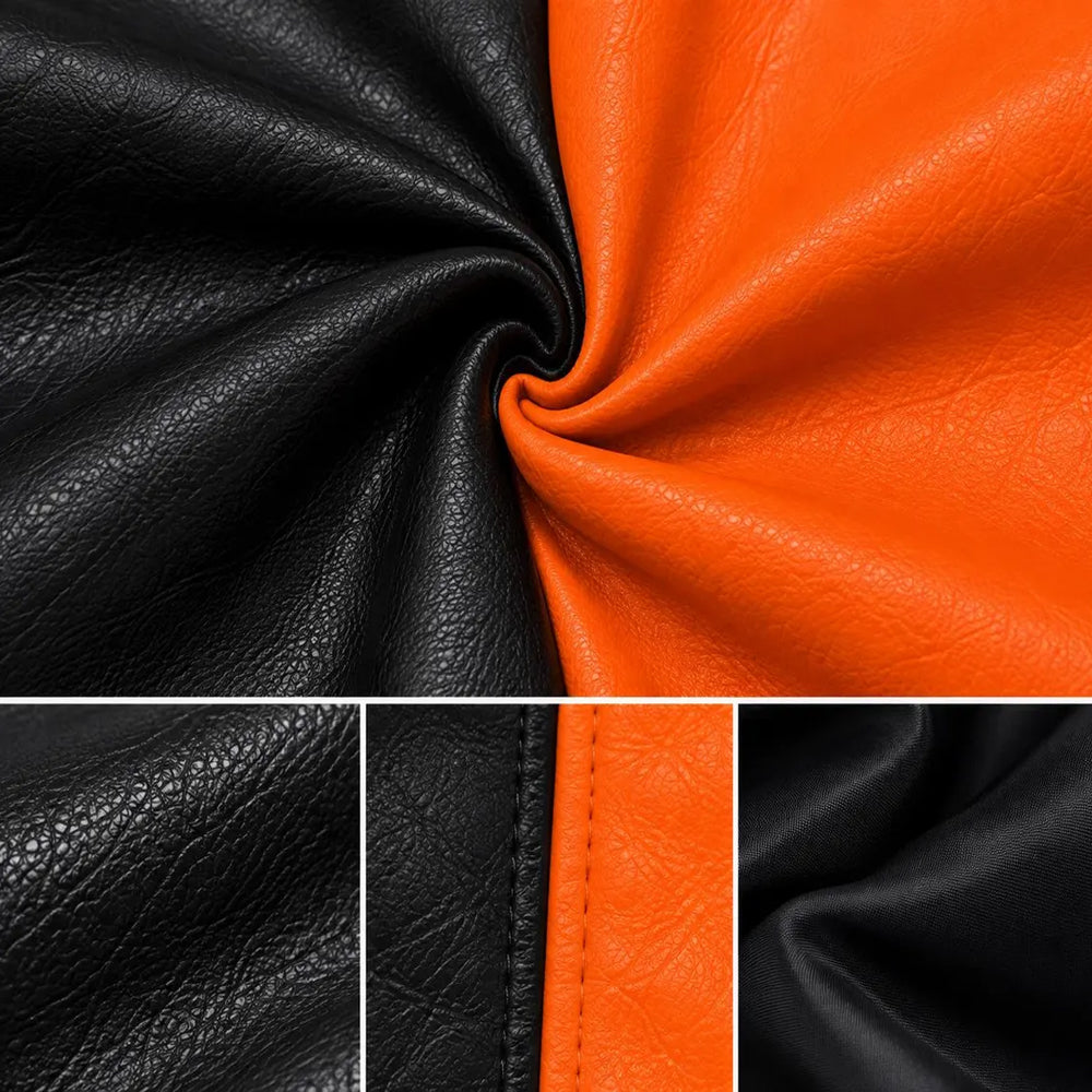 Close-up of black and orange full-grain cowhide with polyester lining