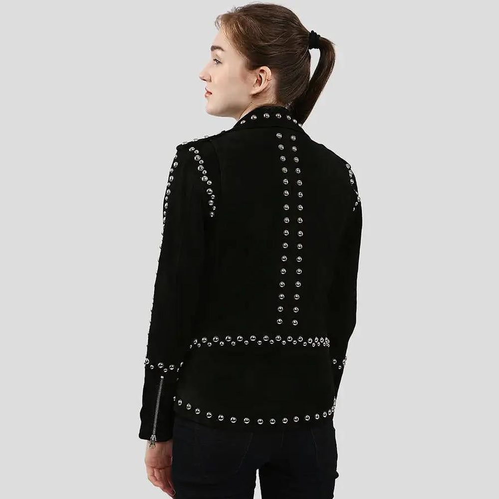 Back view of women’s black studded suede leather jacket