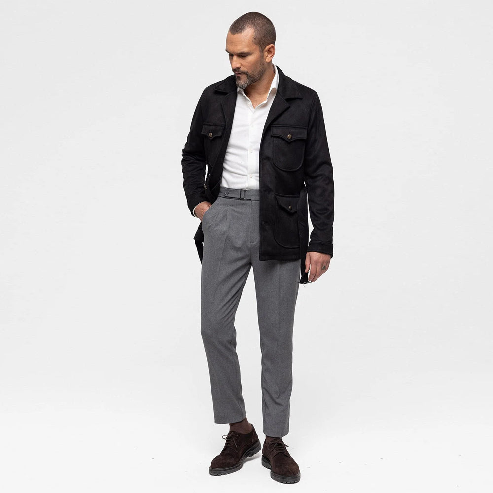 Black suede leather jacket with notch collar and buckle belt