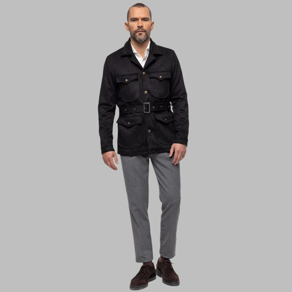 Man wearing black suede safari jacket with belted waist front view