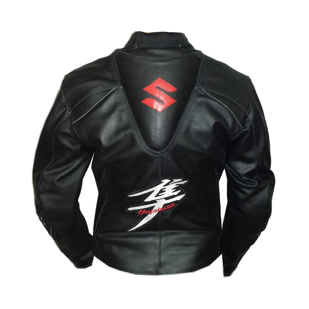 Back of Black Hayabusa Leather Jacket with Large Red Suzuki S Logo