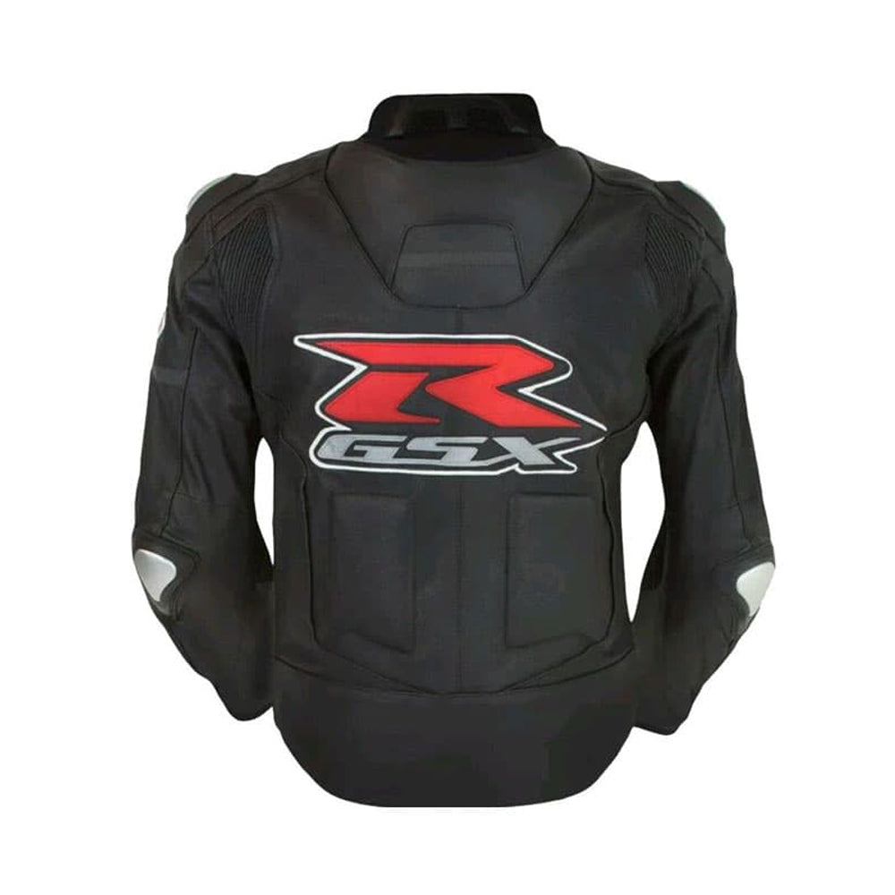 Back View of Black Suzuki Jacket Featuring Large Red GSX-R Graphic