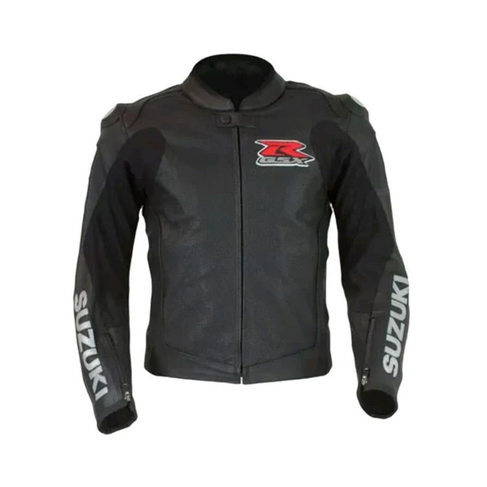 Front of Black Suzuki Racing Motorbike Jacket with Red GSX-R Logo