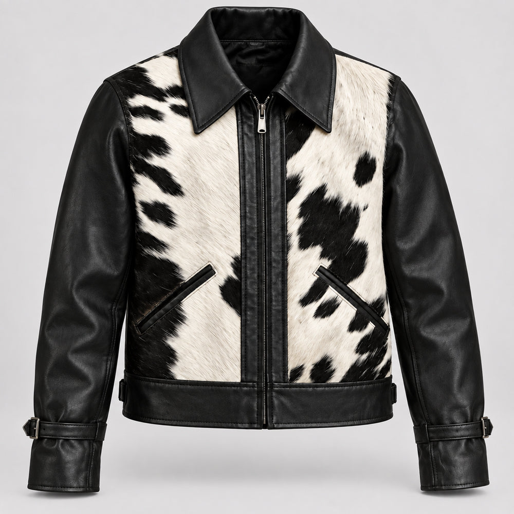 Front view of black and white cowhide leather jacket with point collar and slanted pockets