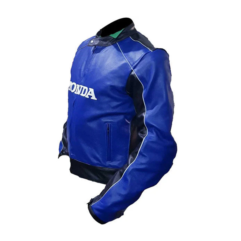 Side Profile of Blue Honda Racing Jacket with Black Sleeve Accents
