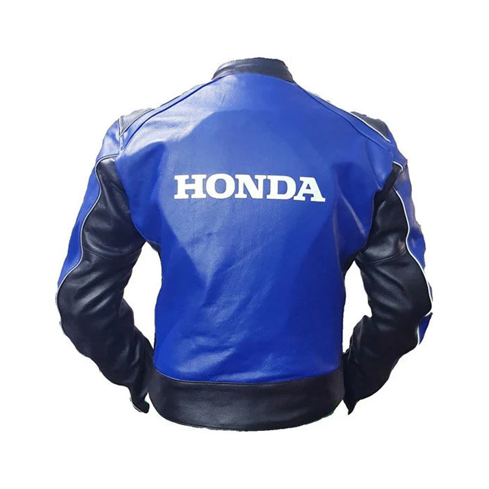Back View of Blue Honda Racing Jacket Featuring Large Honda Logo
